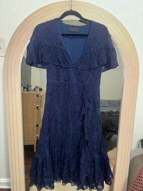 CO Navy Floral Embroidered Ruffle Wrap Dress Short Sleeves Tiered Hem